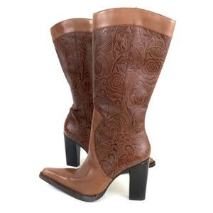 NEW BCBG TOTHEMAX! Brown Leather tooled imprinted boots